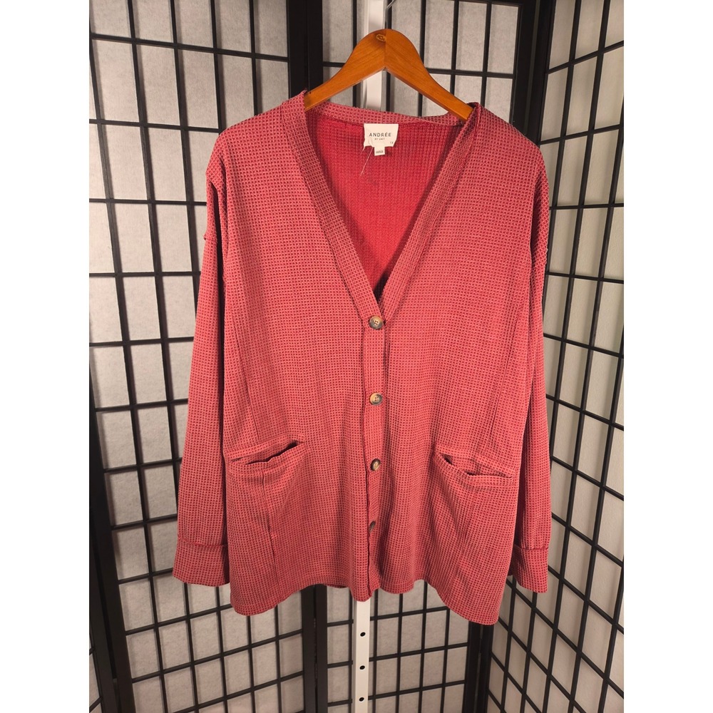 Andree by Unit‎ Womens Waffle Knit Cardigan Red Button Front Pocket  1X